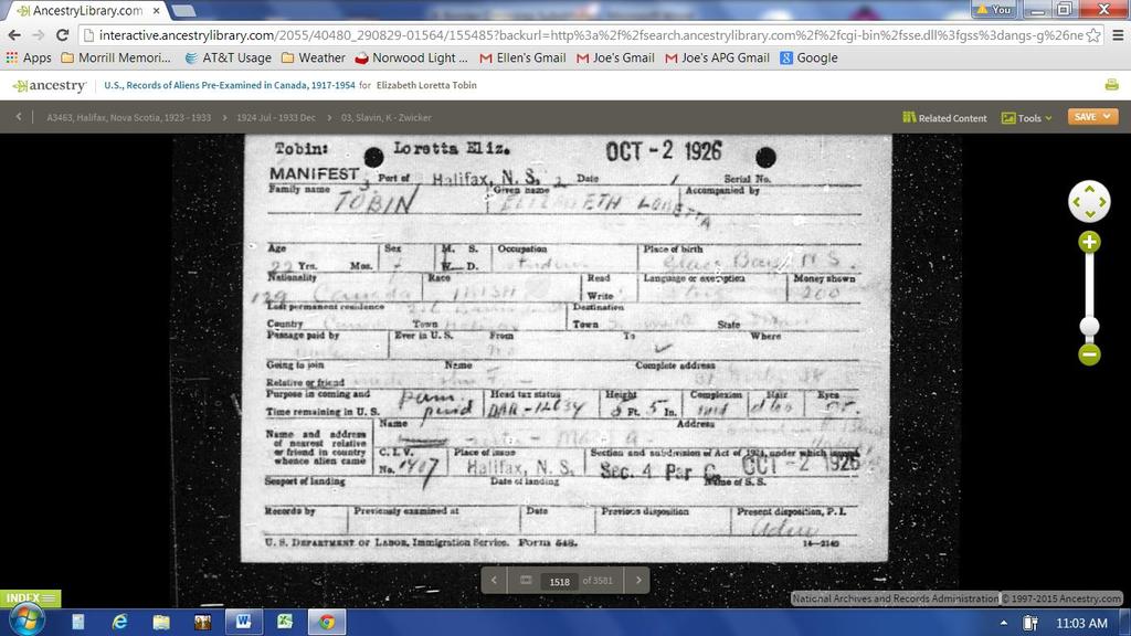 The Ancestry transcript of the record follows: Name: Gender: Race: Elizabeth Loretta Tobin Female Irish Age: 22 Birth Date: abt 1904 Birth Place: Marital Status: Pre-Examination Date: Pre-Examination