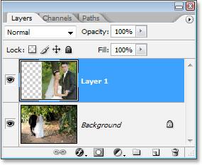 Now both photos are in the same Photoshop document, and if we look in the Layers palette, we can see that each one is on its own separate layer, with the photo of the couple facing towards the camera