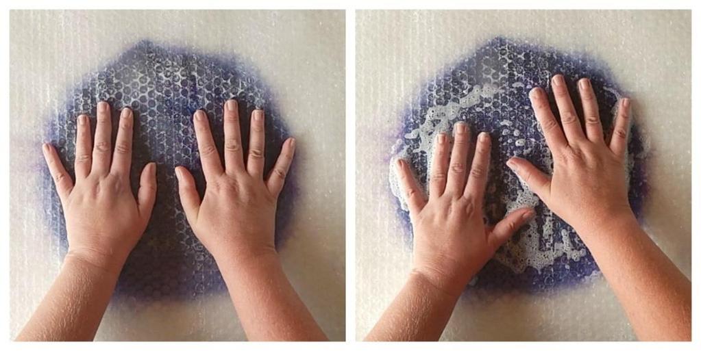 Cover the wool with the second piece of bubble wrap and press down with your hands. Keep your hand flat, using a compressing motion. Our finger tips tend to move the wool fibers underneath.
