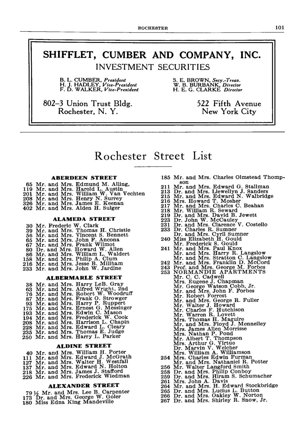 ROCHESTER SHIFFLET, CUMBER AND COMPANY, INC. INVESTMENT SECURITIES B. L. CUMBER. President H. J. HADLEY. Vice-President F. D. WALKER. Vice-President 802-3 Union Trust Bldg. Rochester, N. Y. S. E.