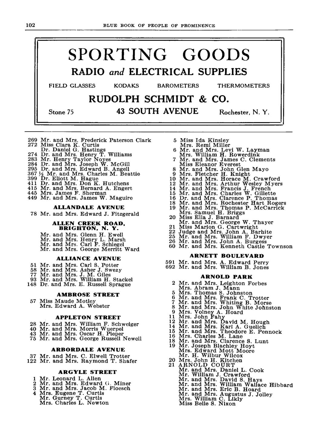 BLUE BOOK OP PEOPLE OF PROMINENCE SPORTING GOODS RADIO and ELECTRICAL SUPPLIES FIELD GLASSES KODAKS BAROMETERS THERMOMETERS RUDOLPH SCHMIDT & CO. Stone 75 43 SOUTH AVENUE Rochester, N. Y. 269 Mr.