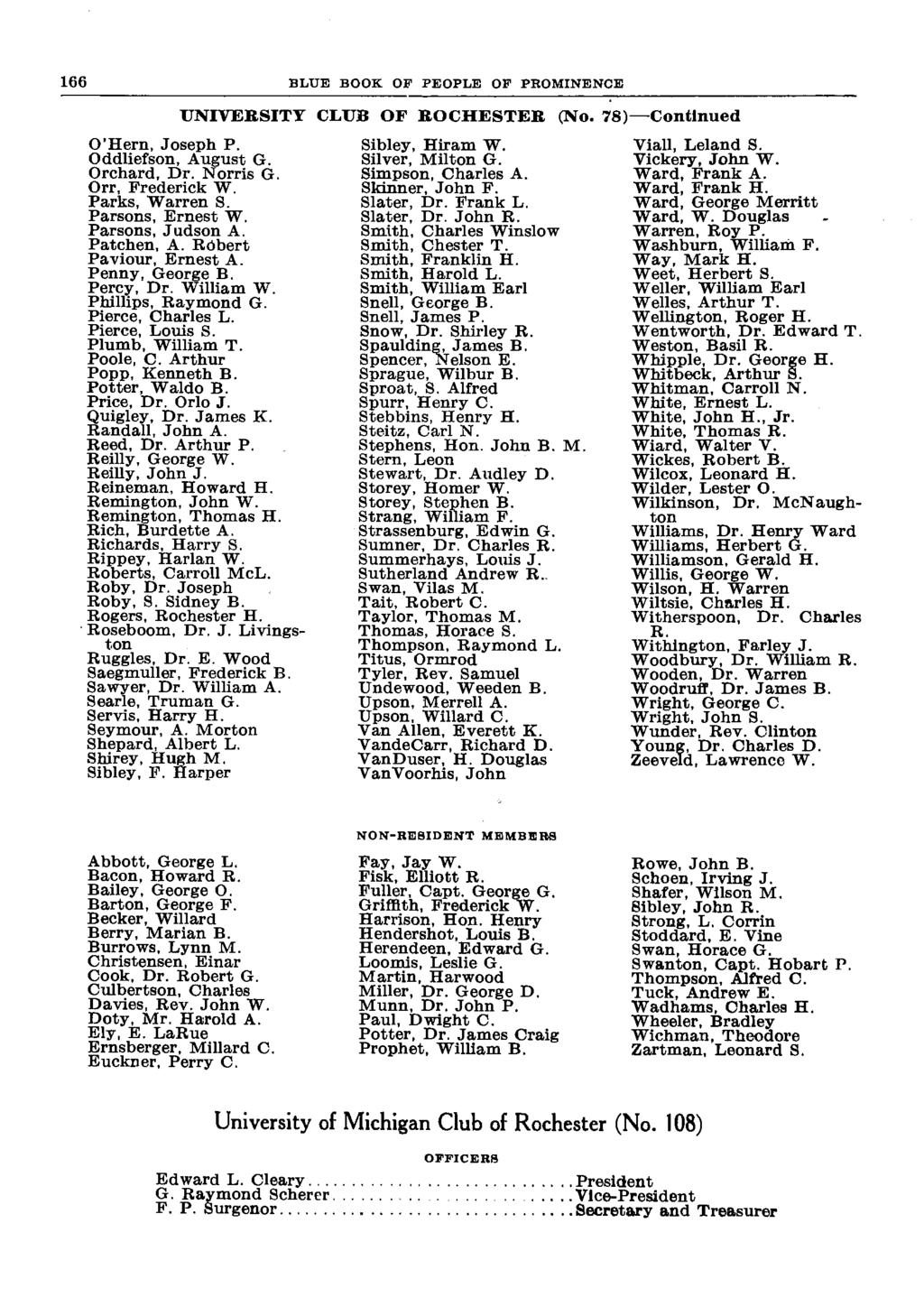 BLUE BOOK OP PEOPLE OF PROMINENCE UNIVERSITY CLUB OF ROCHESTER (No. 78) Continued O'Hern, Joseph P. Oddliefson, August G. Orchard, Dr. Norris G. Orr, Frederick W. Parks, Warren S. Parsons, Ernest W.