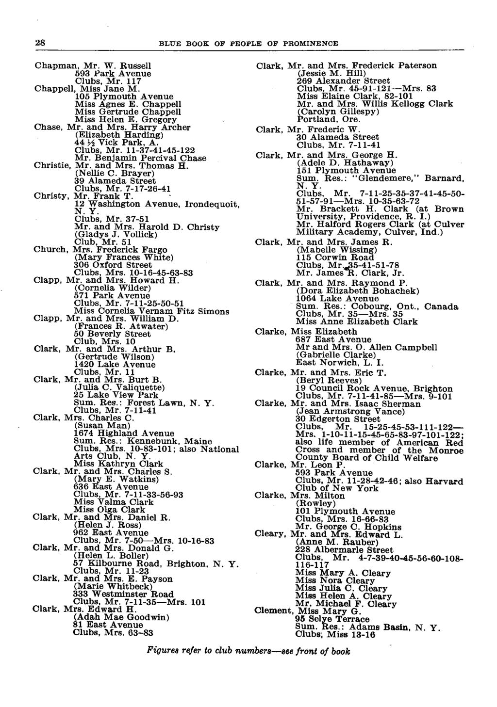 28 BLUE BOOK OF PEOPLE OF PROMINENCE Chapman, Mr. W. Russell Clark, Mr. and Mrs. Frederick Paterson 593 Park Avenue (Jessie M. Hill) Clubs, Mr. 117 269 Alexander Street Chappell, Miss Jane M.