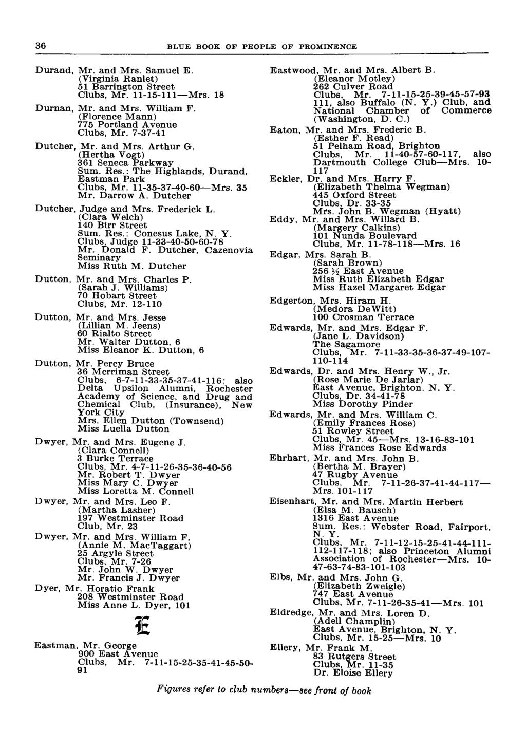 36 BLUE BOOK OF PEOPLE OF PROMINENCE Durand, Mr. and Mrs. Samuel E. Eastwood, Mr. and Mrs. Albert B. (Virginia Ranlet) (Eleanor Motley) 51 Barrington Street 262 Culver Road Clubs, Mr. 11-15-111 Mrs.
