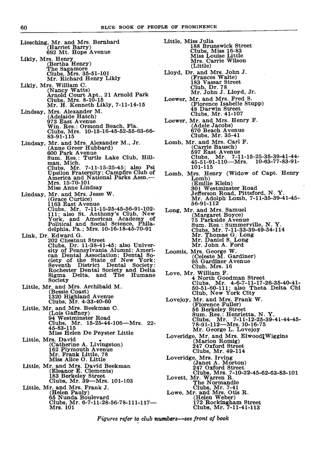BLUE BOOK OF PEOPLE OF PROMINENCE Liesching, Mr. and Mrs. Bernhard (Harriet Barry) 692 Mt. Hope Avenue Likly, Mrs. Henry (Bertha Henry) The Sagamore Clubs, Mrs. 35-51-101 Mr.