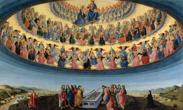 On Lippi s panel one sees five circles of small lighting points around God the Father who appears from above. The Holy Spirit flies out from a group of small clouds.