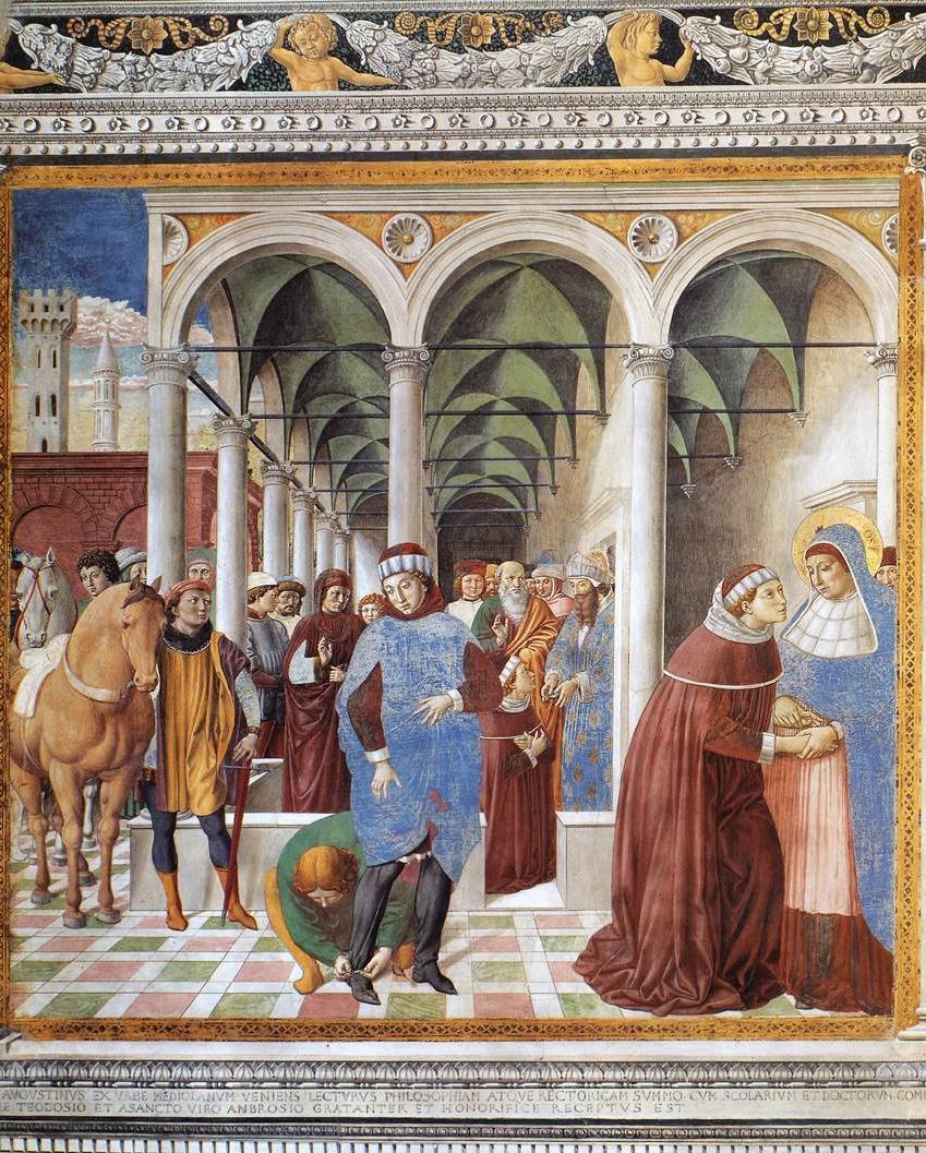 Figure 4.7: Benozzo di Lese called Benozzo Gozzoli, St. Augustine Arrives in Milan and Meets st. Ambrose, 1464-1465, fresco painting, choir of the church of St. Augustine, San Gimignano.