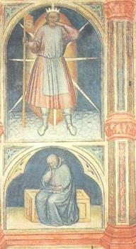 Figure 5.11: Saturn with one of his children, before 1440, fresco painting, Salone della Ragione, Padua. The sources seem to point in opposite directions.
