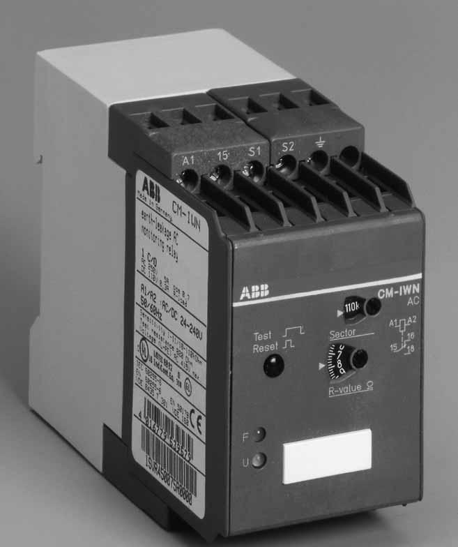 Isolation resistance and earth-leakage monitor CM-IWN-AC Ordering details 1SVR 450 075 F 0000 CM-IWN-AC Selector switch Response value 1-110kΩ, Green LED - supply voltage Red LED - state of relay