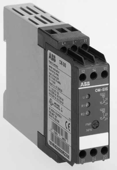 Sensor interface relay CM-SIS Ordering details 1SVR 430 500 F 2300 CM-SIS Rotary switch, selection of the sensor type GreenLED - supply voltage Red LED - relay state R1 Red LED - relay state R2 The