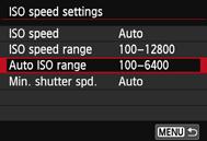 i: Setting the ISO SpeedN 3 Setting the ISO Speed Range for Auto ISO You can set the automatic ISO speed range for Auto ISO within ISO 100 - ISO 12800.