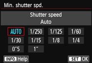 You can minimize both camera shake and subject blur. Select [Min. shutter spd.]. 1 Select [Min. shutter spd.], then press <0>. 2 Set the desired minimum shutter speed.