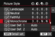 A Selecting a Picture StyleN Symbols The symbols of the Picture Style selection screen refer to parameters such as [Sharpness] and [Contrast].