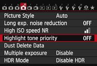 3 Highlight Tone PriorityN You can minimize overexposed highlight areas. 1 Select [Highlight tone priority]. Under the [z4] tab, select [Highlight tone priority], then press <0>. 2 3 Select [Enable].