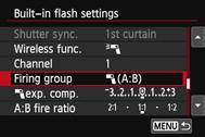 Using Wireless FlashN [1 (A:B)] Multiple slave units in multiple groups Divide the slave units into Groups A and B and change the flash ratio to obtain the desired