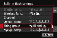 By changing the [Firing group] setting, you can shoot with various wireless flash setups of multiple Speedlites complemented with the built-in flash.