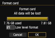 If necessary, transfer the images and data to a computer, etc., before formatting the card. Select [Format card]. 1 Under the [51] tab, select [Format card], then press <0>.