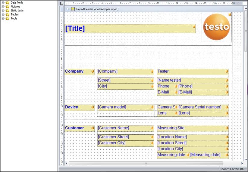 The tab Preview contains function/commands for: Printing a report Editing and aligning the page layout Changing the report template view Work space Modifications are carried out in the work space in