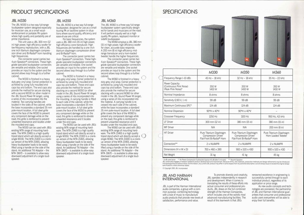 PRODUCT SPECIFICATIONS SPECIFICATIONS JBL M330 The JBL M330 is a two way full-range loudspeaker system designed especially for musician use, as a small vocalreinforcement or portable PA system where