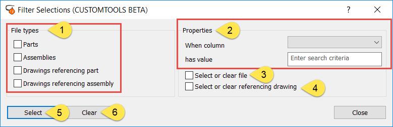Files types: The filter can be used to select or exclude certain file types from being selected, parts, assemblies, drawings made for part or assemblies can be selected.