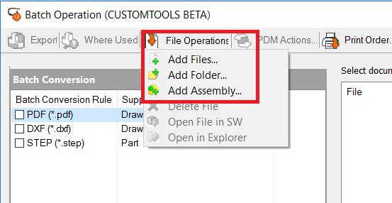 Opening the Batch operation dialog The Print & Convert functionality can also be accessed if no documents are opened in SOLIDWORKS.
