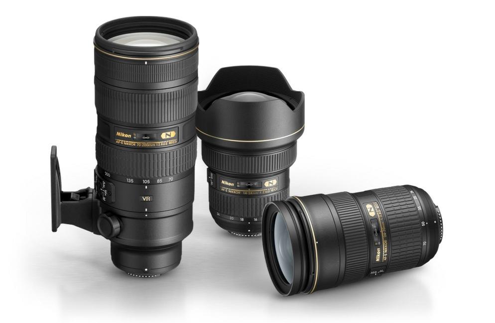 Nikon f/2.8 zoom lenses (l. to r.) AF-S NIKKOR 70-200mm f/2.8g ED VR II, AF-S NIKKOR 14-24mm f/2.8g ED and AF-S NIKKOR 24-70mm f/2.8g ED. Zooms: AF-S NIKKOR 14-24mm f/2.