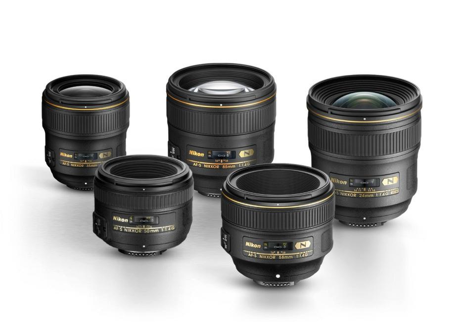 powerful VR and at significantly lower cost than the f/2.8 version. Nikon f/1.4 prime lenses (clockwise from top left) AF-S NIKKOR 35mm f/1.4g, AF-S NIKKOR 85mm f/1.4g, AF-S NIKKOR 24mm f/1.