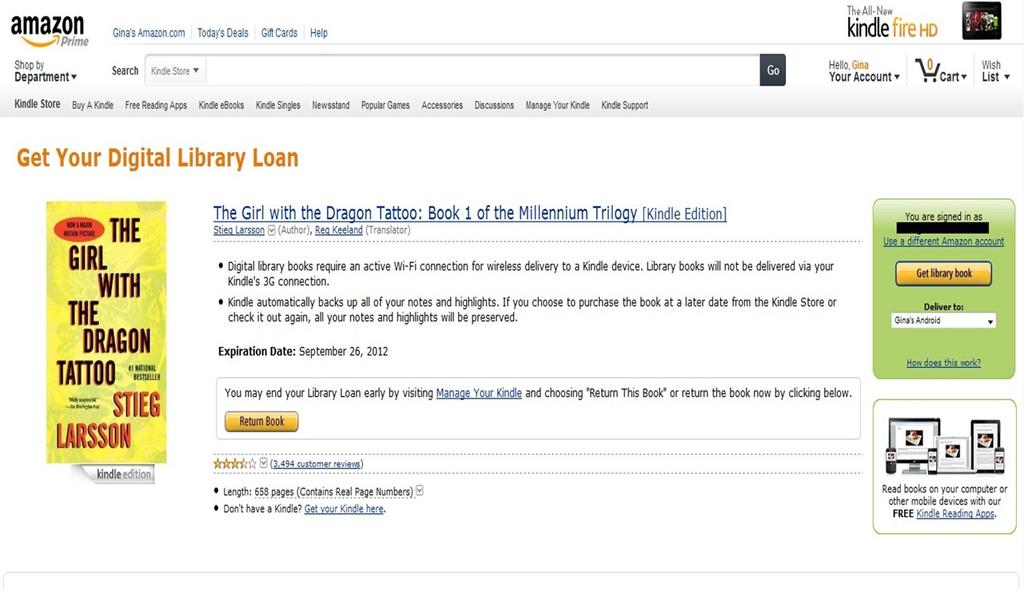 7. Check out through Amazon: A new window will open for the Amazon.com website with a link that says Get Library Book. Click on this link. The Amazon login screen will appear.