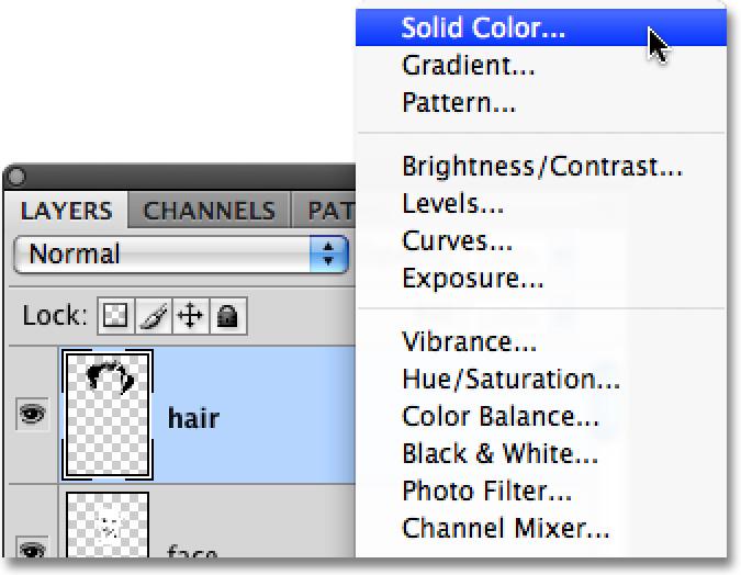 I m going to start at the very top of my Layers palette with the girl s hair. First, I m going to click on her hair layer in the Layers palette to select it.