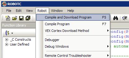 6. Go to Robot and select Compile and Download Program to download the sample program to the robot. 6. Download Progress A Download Progress window will appear and begin the download process.
