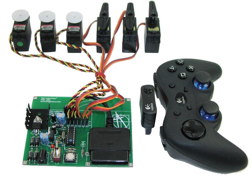 PS2-SMC-06 Servo Motor Controller Interface PS2-SMC-06 Full Board Version PS2 (Playstation 2 Controller/ Dual Shock 2) Servo Motor Controller handles 6 servos.