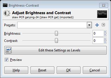 Colour Levels Brightness and contrast should be edited by adjusting colour levels Colors > Levels Or: Dialogue box shows