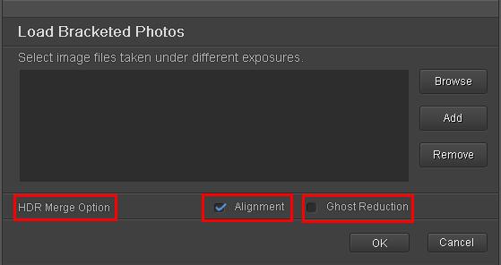 Click the HDR icon ( ) on the left-hand side of your screen. You can also create an HDR photo from the File menu and select Create HDR. The merge dialog box will then appear as can be seen below.