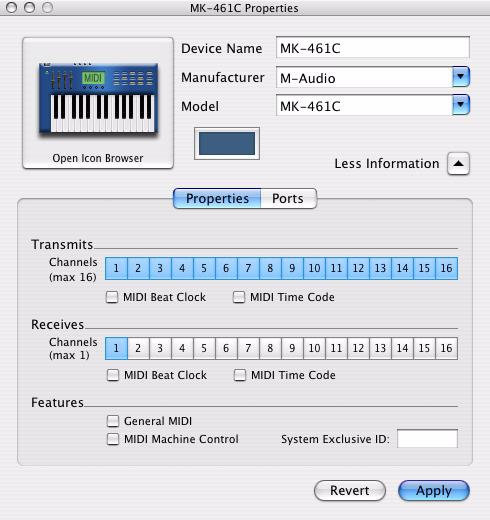 3 Click the More Information arrow to expand the dialog, then enable the appropriate MIDI channels (1 16) for the Transmits and Receives options.