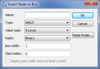 Figure 2. The Insert Node or Bus dialog. The Node Finder window is presented in Figure 3. A filter is used to identify the nodes of interest.