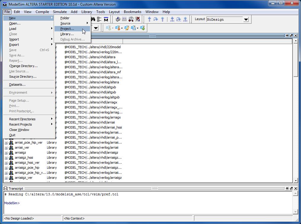 Open the ModelSim simulator. In the displayed window select File > New > Project, as shown in Figure 1. Figure 1. The ModelSim window.