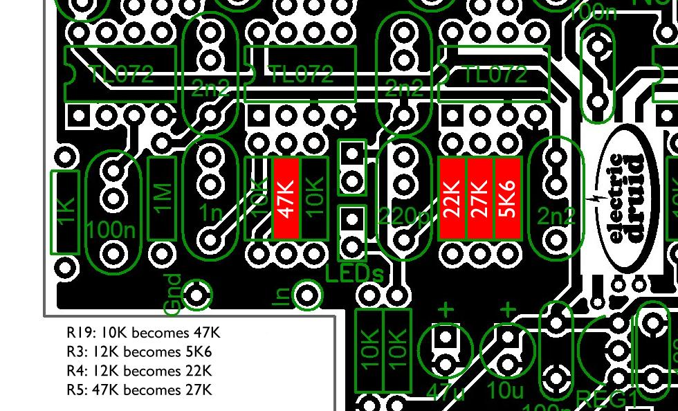 Guitar level 47K resistor x 1 (marked as 10K on the silkscreen) - third row, below second TL072 chip 22K resistor x 1 (marked as 12K on the silkscreen) - third row, below third TL072 chip 27K