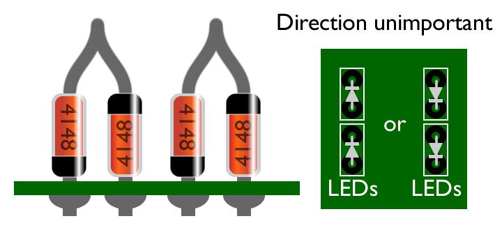 Power protection diode Install the fat black 1N4002 diode below the fourth row of the PCB. This protects the PCB against reverse voltage, so be sure to check the orientation carefully.