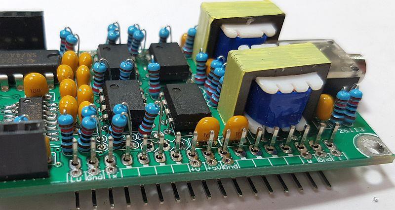 Each of the connections at the bottom edge of the PCB has both a hole for the right-angled connector strip, as well as a separate hole that can be used to solder in a wire if required.