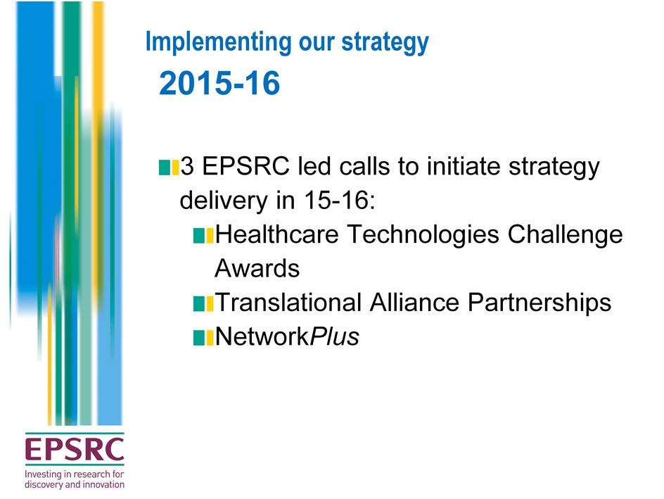 One of the reasons for undertaking the engagement and strategy development was to position the Healthcare Technologies theme and EPSRC for the likely period of the next spending review 2016 2021.