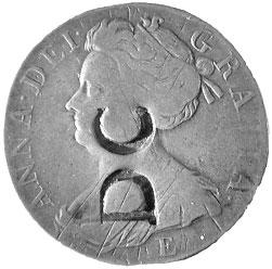 9) DC countermark, without value, (Manville type 051, but without the rosette mark) on an Anne crown of 1707, mint mark E (Edinburgh) (Fig. 8)