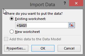 6. Faceți clic pe OK în următoarea casetă de dialog care vă solicită locația datelor importate. 7. Excel importă datele dumneavoastră în două coloane.