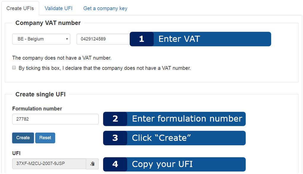 2.2 Generarea unui singur UFI Aplicație de generare a UFI - Ghidul utilizatorului Astfel cum se demonstrează în Figura 2-1, generarea unui singur UFI este o sarcină simplă, în patru etape.