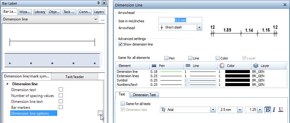 Engineering Tutorial Unit 4: Reinforcement Drawing 141 7 Select the Dimension line options line and click. The Dimension Line dialog box opens. Check that the layer BR_GEN is selected.