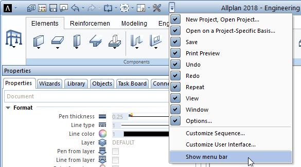 12 Initial settings Allplan 2018 Note: The Actionbar is docked to the top of the working area. If you want, you can drag the Actionbar to the bottom and dock it there.