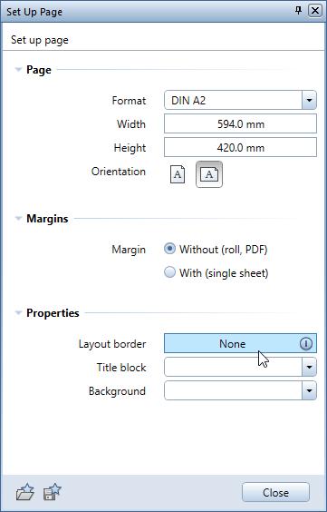 Engineering Tutorial Unit 5: Layout Output 265 5 In the Page area, set the Format to DIN A2 and select Landscape. In the Margins area, select the Without (role, PDF) option.