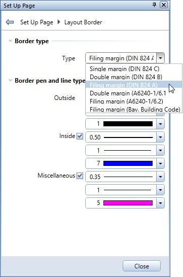 266 Exercise 9: Assembling and Printing Layouts Allplan 2018 7 Set the border type to Filing margin (DIN 824 A), change the