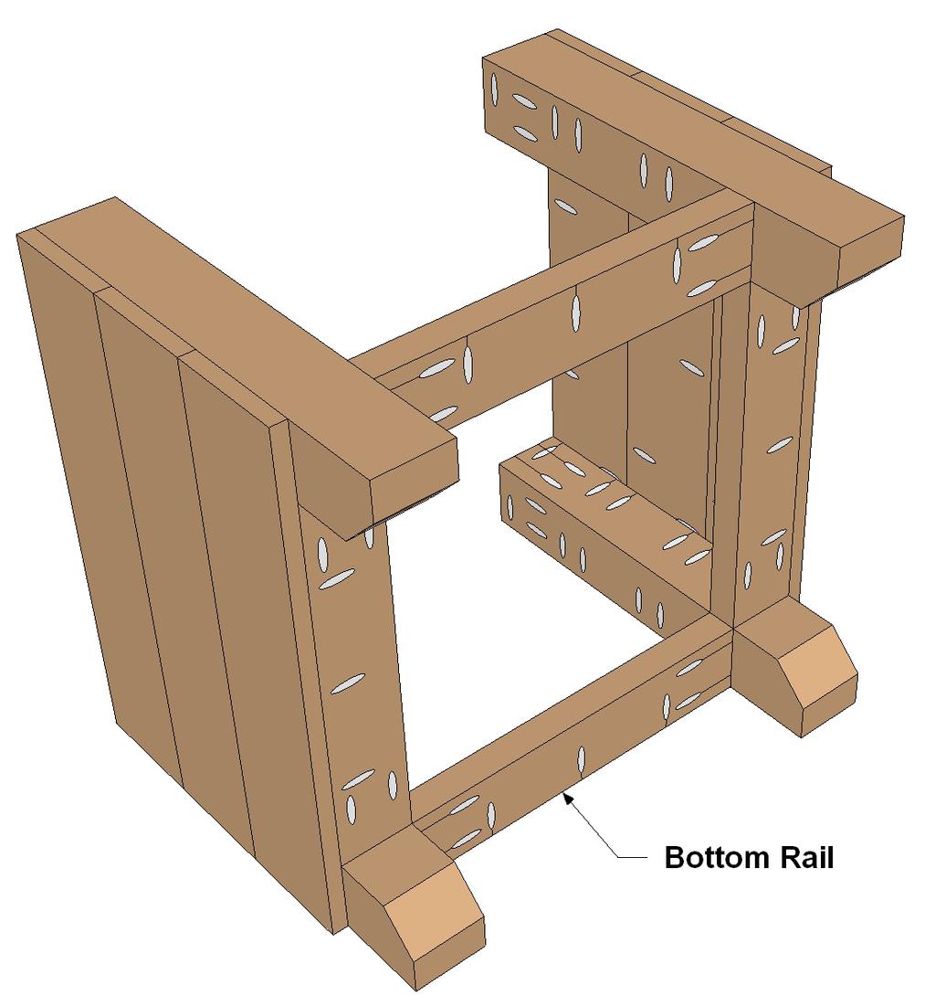 Make sure that the leg assemblies are square, and that the ends of the slats align with the edges of the legs. Note that the slats get screwed to the Legs and to the Bottom Rails.