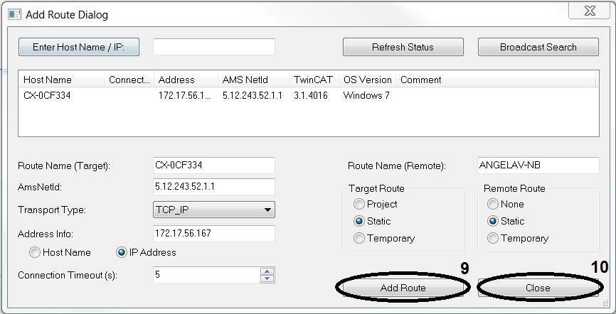 Select the required target system. Create link using Add Route (9). You will see a password prompt for the Embedded PC.