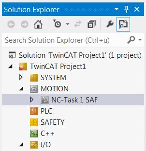 The Solution Explorer then shows the servo drives and terminals that were found. To control the motors via the TwinCAT project, an NC or CNC axis configuration has to be created.